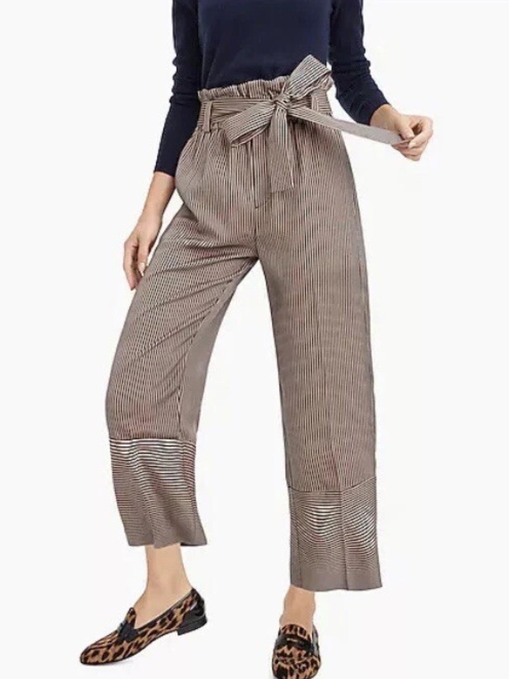 NWT J Crew Point Sur Paperbag High Waist Black Tan Striped Wide Leg Trousers 14